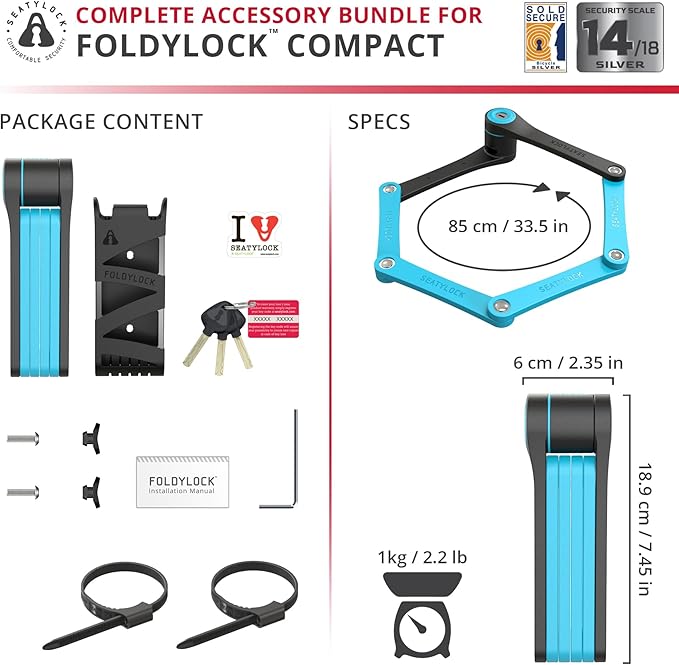 Seatylock FoldyLock Compact Folding Bike Lock - Award Winning Patented Lightweight High Security Bicycle Lock - Heavy Duty Anti Theft Smart Secure Guard with Keys & Case for Bikes or Scooters