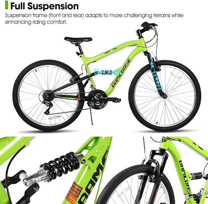 Hiland Full Suspension Mens Mountain Bike, 18 Speed, 26 Inch Wheel, Dual V Brake Bike for Men Womens Adult Bicycle