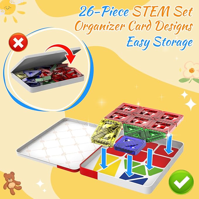 Mini Magnetic Tiles for Kids Ages 3-8, Travel Magnetic Building Blocks with Metal Storage Box, STEM Educational Toys, Montessori Sensory Learning Toys for Toddlers, Boys & Girls Gift for Christmas