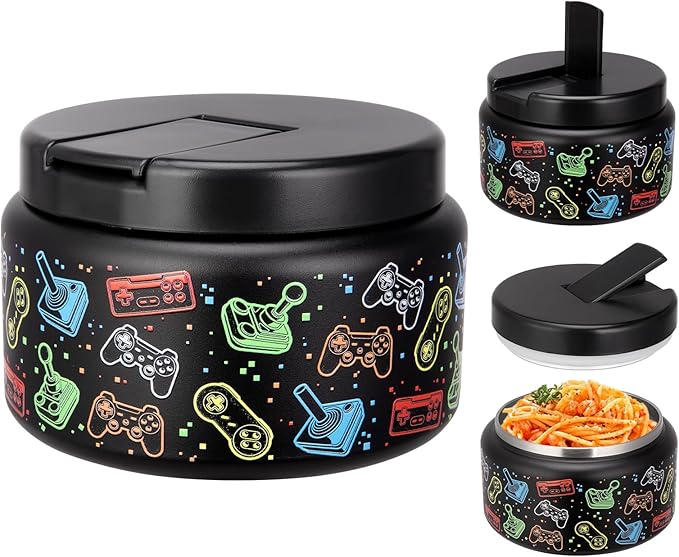 13.5oz Kids Soup Jar for Hot Food Vacuum Insulated Food Jar with Buckle Lid, Stainless Steel Wide Mouth Leak Proof Lunch Container for School Picnic Travel (Game Black)