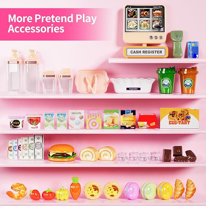 Kids Grocery Store Playset, Pretend Play Store with Kids Cash Register Scanner, Play Coffee Maker, Toy Foods,Play Money, Luxury Supermarket Toy Set, Preschool Toys for Kid Girls Gifts