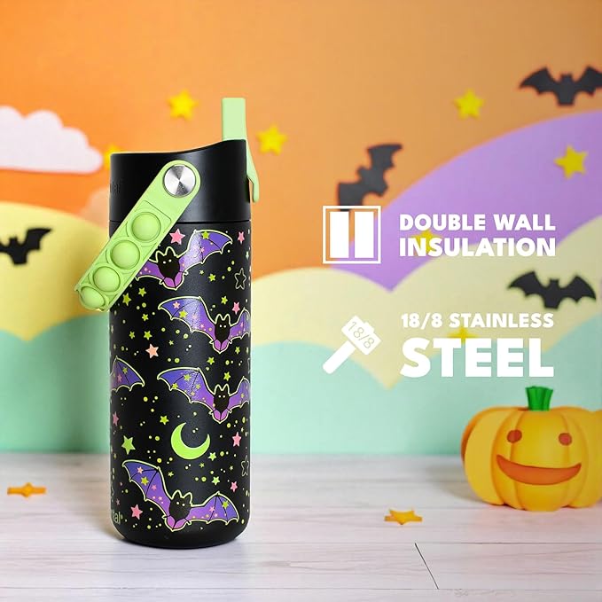 Elemental Insulated Kids Water Bottle, Stainless Steel Water Bottle with Straw Lid & Pop-It Handle, Leak-Proof Water Bottles for School, Boys or Girls, Travelling and Sports, 18oz - Glow Bats