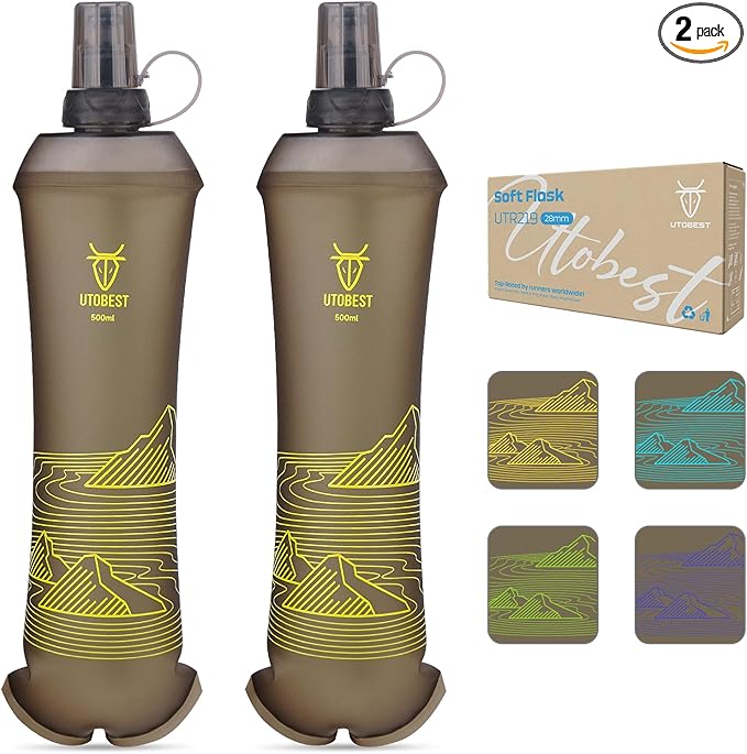 UTOBEST 500ml Soft Flask, 2 Pack Flexible TPU Hydration Water Bottle, Collapsible with 28mm Caliber for Running, Hiking, Cycling, Climbing, and Marathon Yellow