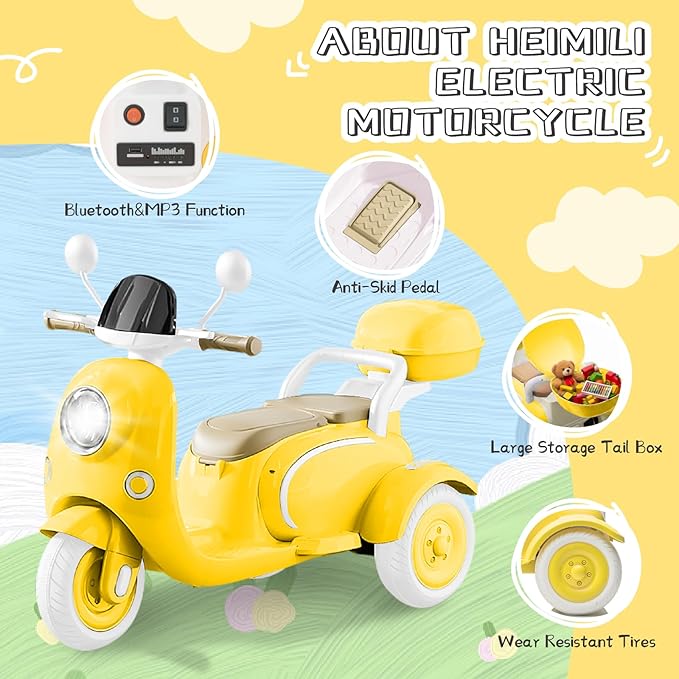 HEIMILI 12V Kids Electric Motorcycle,Electric Scooter for 3 Year Old, Girls Toy, 3-Wheel Ride On Toy for Kids with Storage Compartments, Motorcycle for Girls (Yellow)