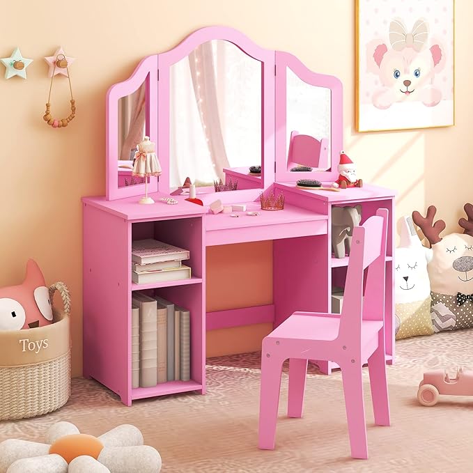 Costzon Kids 2-in-1 Princess Makeup Desk & Chair with Detachable Mirror, Shelves, Dressing Table for Little Girls (Pink)