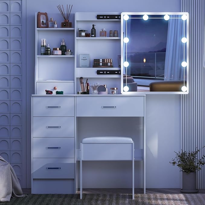 Vanity Desk with Sliding Lighted Mirror, Outlet USB Port, White Vanity Set with Drawers and Stool, 3-Color Adjustable Brightness Lights, Makeup Vanity Dressing Table for Bedroom, Girls & Women Gifts