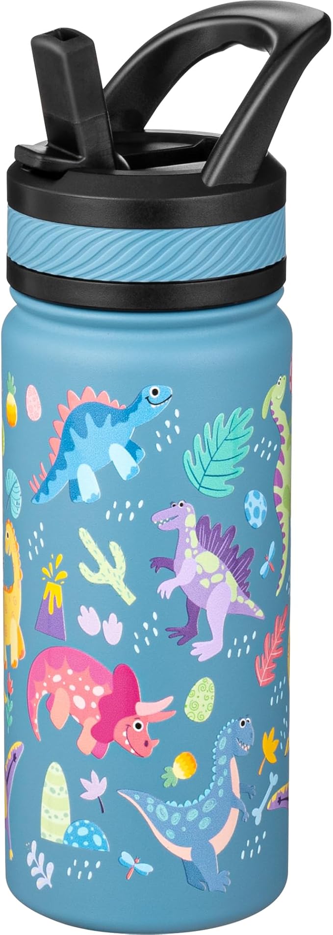 Fanhaw 18 Oz Kids Insulated Water Bottle with Straw - Stainless Steel Double Wall Vacuum Cup, Leakproof, BPA Free, Suitable for Boys and Girls(Cyan - Dinasours World)