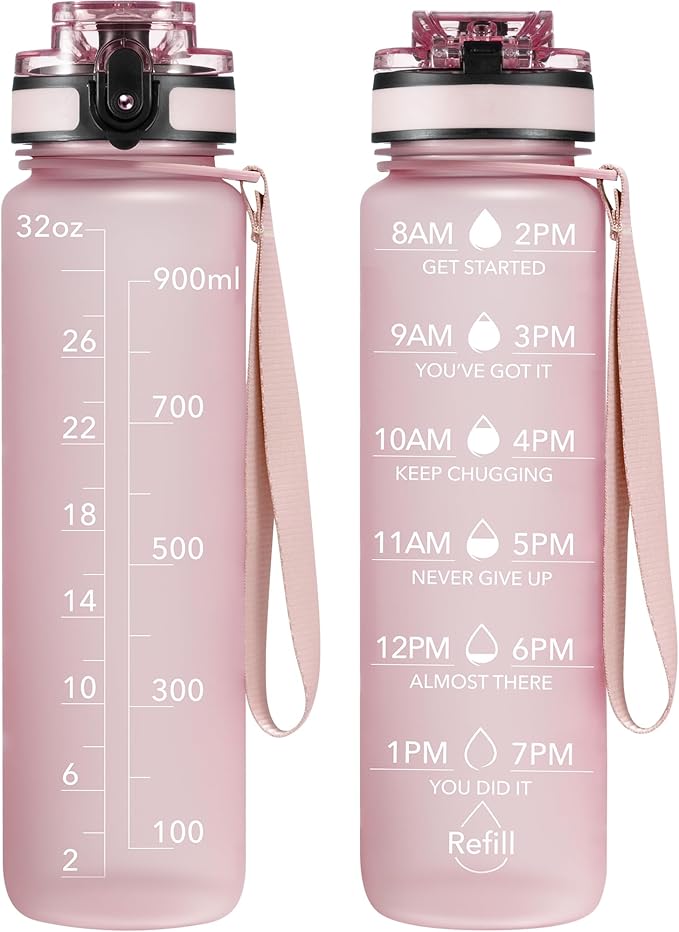 OLDLEY Water Bottle, 32oz Motivational Sports Water Bottle with Time Marker - Times to Drink - Tritan, BPA Free, Wide Mouth Leakproof, Peach (1 Bottle)