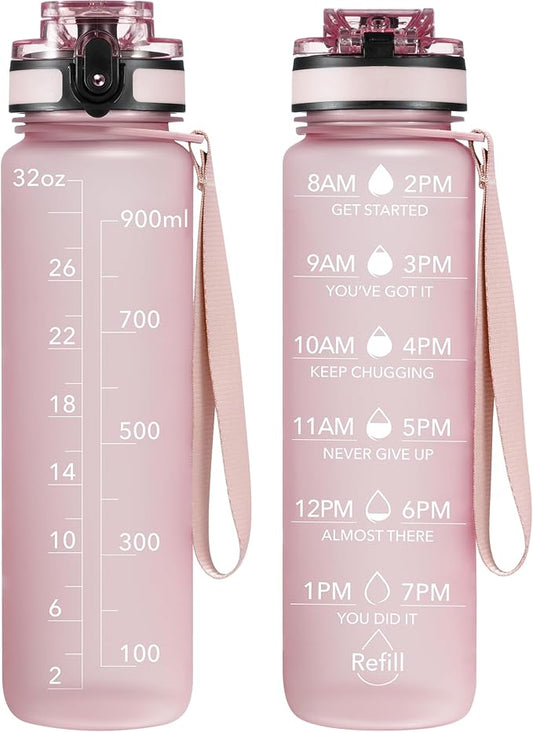 OLDLEY Water Bottle, 32oz Motivational Sports Water Bottle with Time Marker - Times to Drink - Tritan, BPA Free, Wide Mouth Leakproof, Peach (1 Bottle)