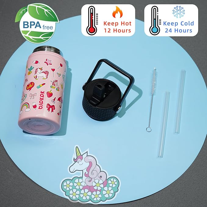 BJPKPK Insulated Water Bottle with Straw Lid, 15 oz Stainless Steel Metal Water Bottles, Reusable Leak Proof BPA Free Water Bottles, Cups, Thermo, Unicorn