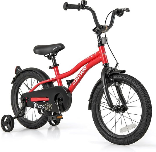 COSTWAY 12/14/16/18 Inch Kids Bike, Children Toddler Bicycle with Training Wheels, Adjustable Seat & Handlebar, Handbrake & Coaster Brake, Reflectors, Bell, Suitable for 3-8 Years Old Boys Girls
