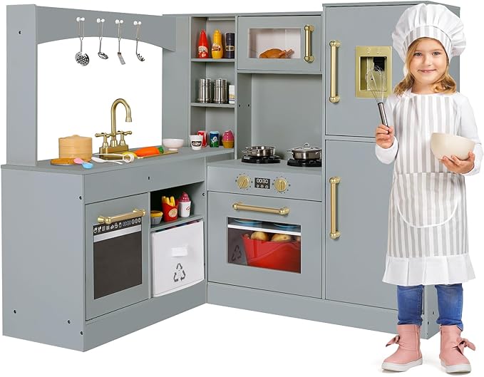 Arlopu Corner Wooden Play Kitchen with Lights & Sounds, Ultimate Pretend Cooking Toy Playset w/Utensils, Oven, Microwave, Stove, Water Dispenser (Gray)