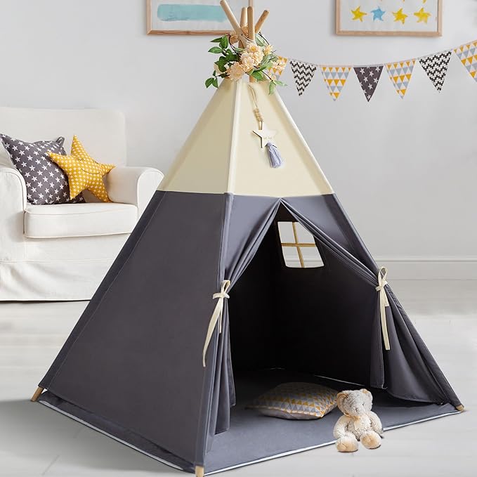 Teepee Tent for Kids, 100% Cotton Play Tent with Mat, Kids Teepee Tent with Colored Flag, Quality Portable Play Tent with Carry Bag for Girls and Boys Indoor Outdoor (Beige Gray with Mat)