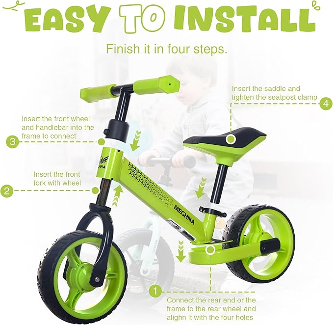 WEEROCK Toddler Balance Bike, No Pedal Balance Bike for 18M - 3 Years Babies, Steel Frame, EVA Tires for Indoor and Outdoor Use, Seat Height Adjustable, Kid Baby Great Gift, Green