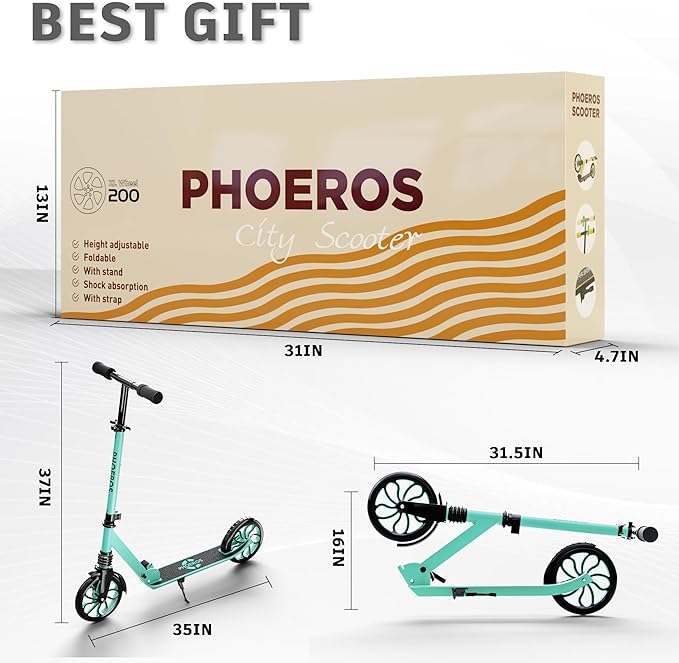 PHOEROS Kick Scooter for Kids Ages 6-12,Teens & Adults, Youth. Lightweight Aluminum Kick Scooter for Teens Adults Boys Girls with 8 inch Big Wheels, Foldable, 3 Height Adjustable, Shock Absorption.
