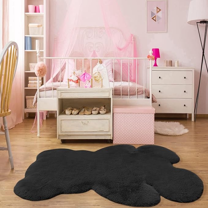 6x8 ft Bear Black Shag Large Rug, Soft Fluffy Faux Sheepskin Fur Rug Fuzzy Shaggy Area Rug Cute Plush Carpet for Nursery Kids Girls Bedroom Room Aesthetic Living Room Floor Home Decor, Black