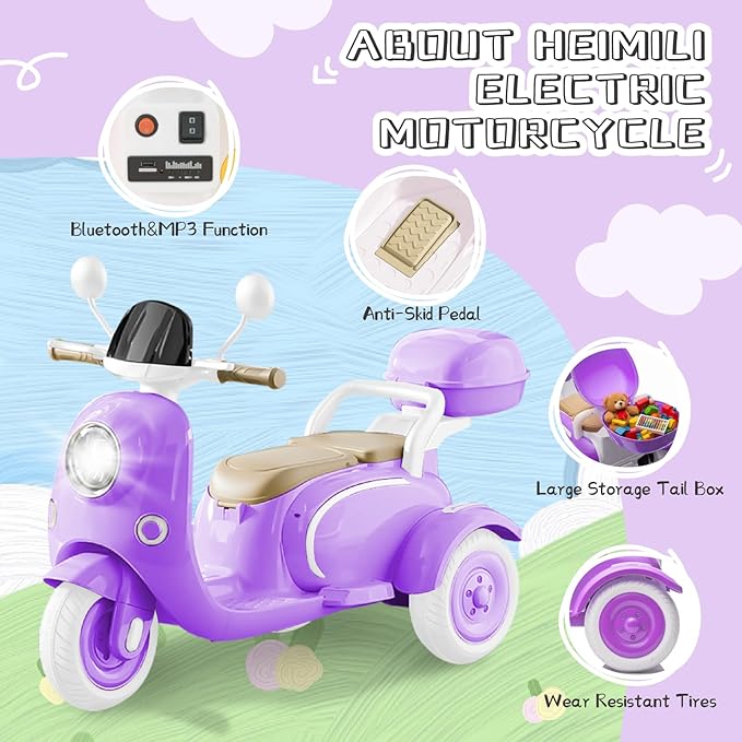 HEIMILI Kids Electric Motorcycle,Electric Scooter for 3 Year Old, Girls Toy, 3-Wheel 12V Ride On Scooter for Kids with Storage Compartments, Motorcycle for Girls (Purple)