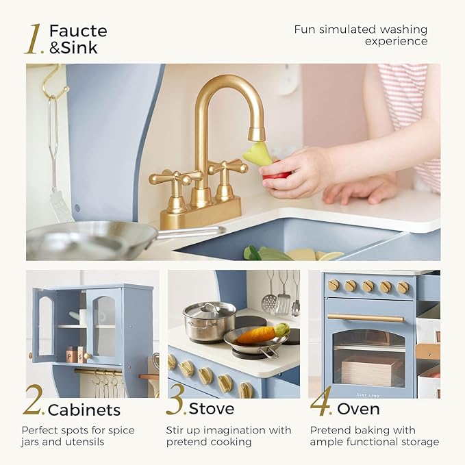 Tiny Land Play Kitchen for Kids, Wooden Toy Kitchen Set with Storage & Accessories, Toddler Kitchen Playset with Stove & Sink, Kids Kitchen Playset Gift for Ages 3-8