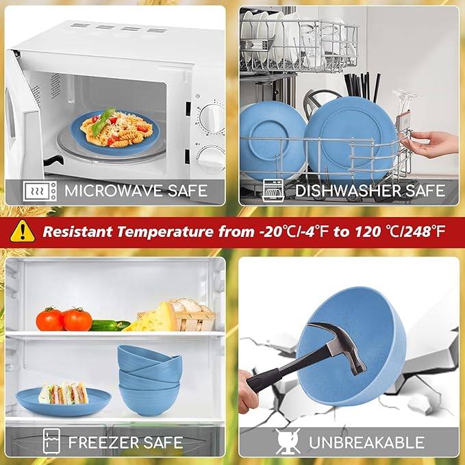 Shopwithgreen Wheat Straw Dinnerware Sets for 4, 20 PCS Unbreakable Plates and Bowls Sets, Reusable Dinner Dishes Set, Bowls, Cups, Plates for Camping, Kitchen, RV, Dorm, Dishwasher Microwave Safe