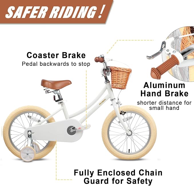 Petimini Girls Bike with Basket for 2-12 Years Old Kids, 12 14 16 18 20 Inch Bicycle with Bell Training Wheels Basket, Multiple Colors