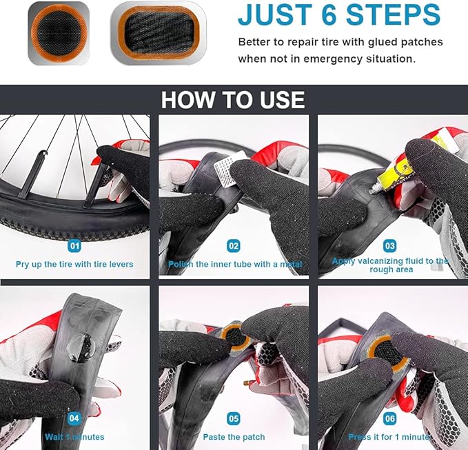 Bike Tire Repair Kit, Bicycle Inner Tube Puncture Patch Kits with Vulcanizing Patches, User Manual, Metal Rasp and Tire Lever, Bike Patch Kit for Mountain and Road Bike