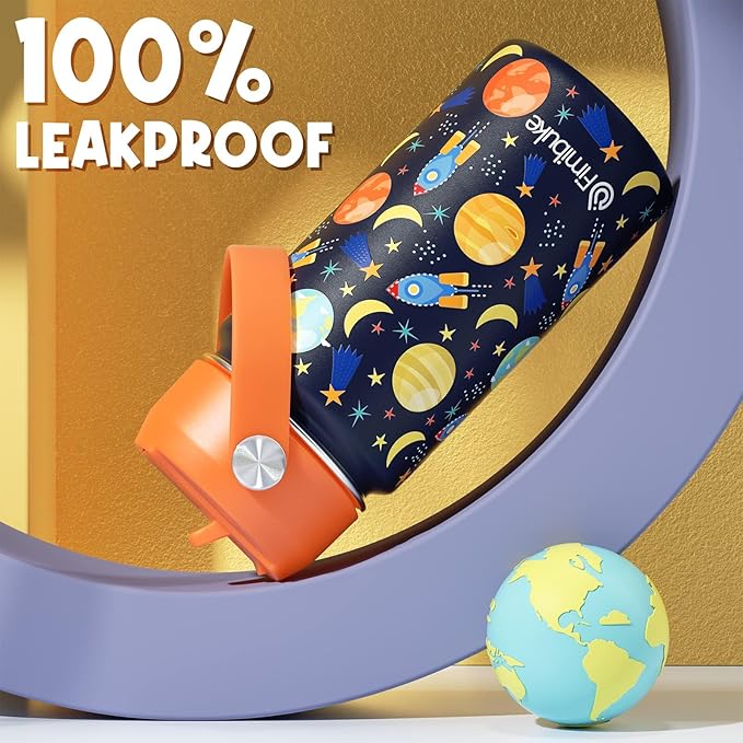 Fimibuke Kids Insulated Water Bottle, 14oz BPA FREE 18/8 Stainless Steel Travel Tumbler Double Wall Vacuum Leak Proof Kids Cup with Straw Metal Bottles for School Boys Girls (1 Pack, Green Dinosaur)