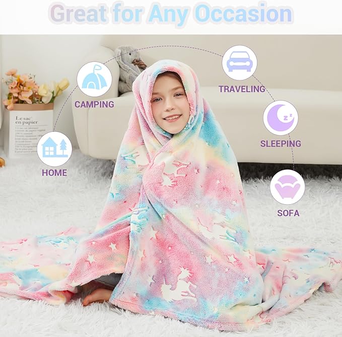 Viviland Kids Throw Blanket Glow in The Dark, Pink Unicorn Toddler Blankets for Girls, Soft Warm Lightweight Plush Throw Blanket Fleece for Sofa Chair Couch Bed Gift for Kids, 50" x 60"