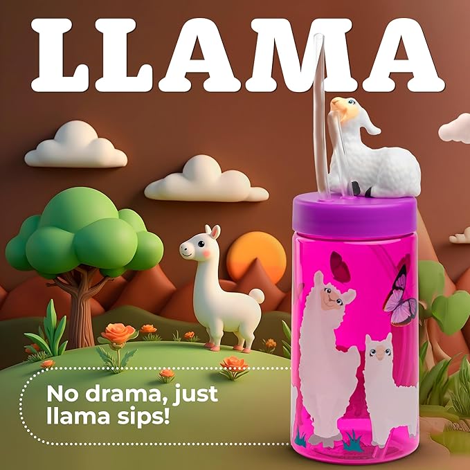 Kids Water Bottle, Toddler Cups, Tumbler with Lid and Straw, Travel Sippy Cup for Water or Milk, Kids Cups with Lids for Toddlers 3 and Up, BPA Free Plastic, 12 oz (Trend Zoo Llama)