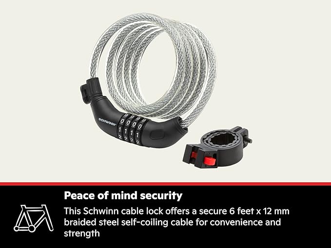Schwinn Combination Bike Lock in Braided Steel Cable, 6 feet x 12 mm Anti Theft Bicycle Lock, Black, Security Level 3