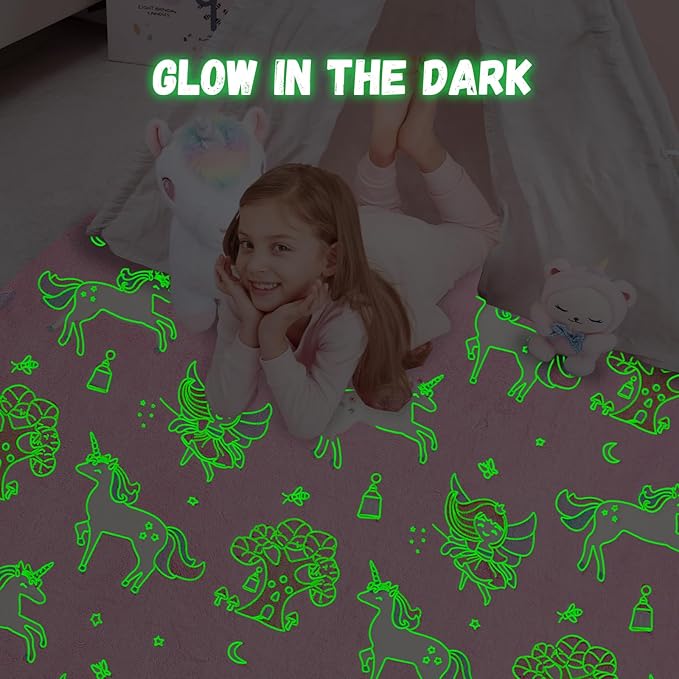 Glow in The Dark Unicorn Blanket,Unicorn Gifts Toys for Girls,Birthday Presents Decor for Kids Age 3-14 Year Old Daughter Teen Child Toddler Soft Luminous Christmas Bedroom Blanket (50"x60")