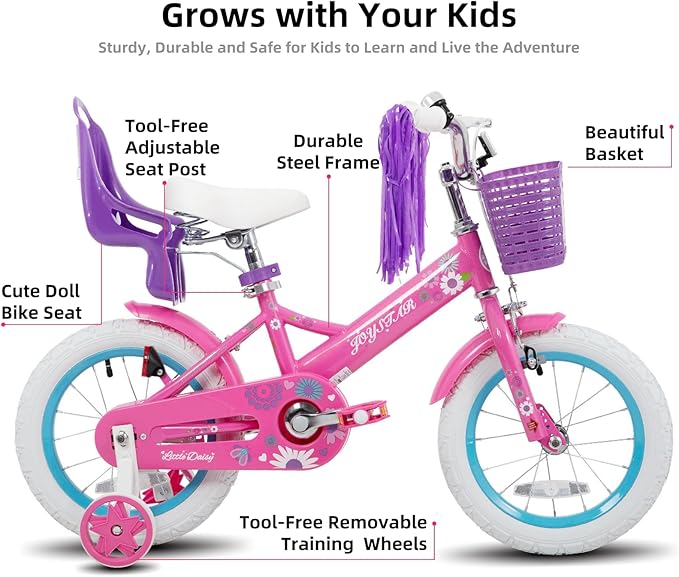 JOYSTAR Little Daisy Kids Bike for Girls Boys Ages 2-7 Years, 12 14 16 Inch Girls Bikes with Doll Bike Seat & Streamers, Boys Bike with Flag & Number Plate, Multiple Colors