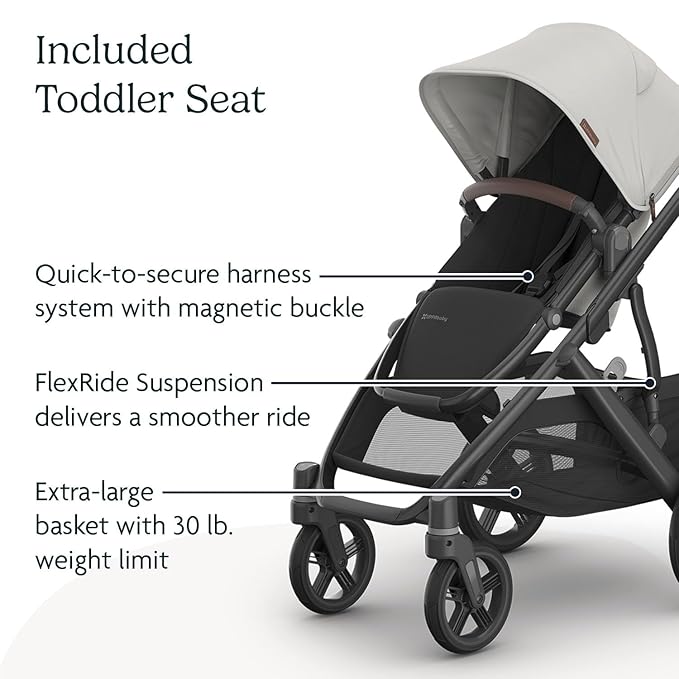 UPPAbaby Vista V3 Stroller - Full-Size Single-To-Double Stroller System - Toddler Seat, Bug Shield, Rain Shield, and Storage Bag Included - Savannah (Pearl Gray Jacquard/Carbon Frame/Chestnut Leather)