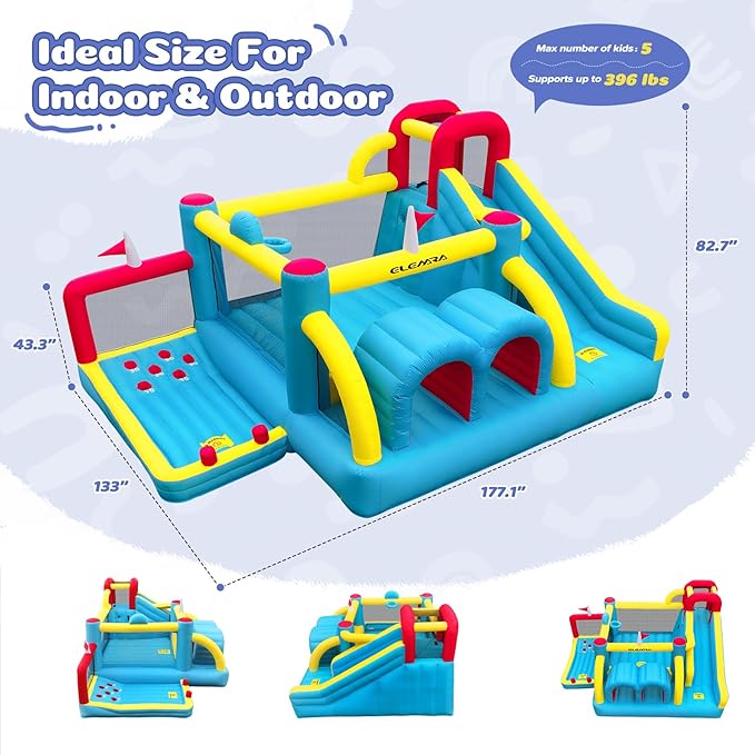 ELEMARA 7 in 1 Inflatable Bounce House, 15x12’XL Golf Inflatable Bouncer with Blower, Bounce House with Slide,Golf Area, Double Tunnels,Climbing Wall, Jumping Castle, Holds 6 Kids