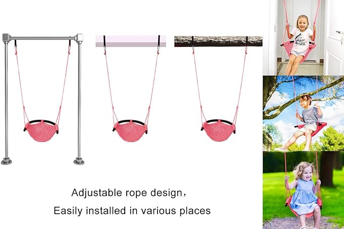 JKsmart Swing Seat for Kids Heavy Duty Rope Play Secure Children Swing Set,Perfect for Indoor,Outdoor,Playground,Home,Tree,with Snap Hooks and Swing Straps,440 lbs Capacity,Pink