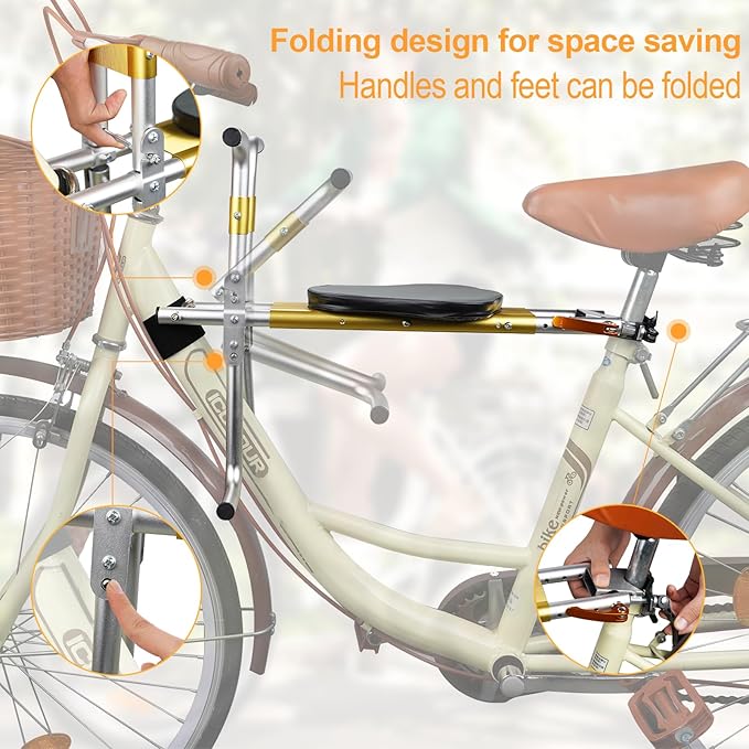Kids Bike Seat, New Aluminum Alloy Child Bike Seat, Portable Foldable Front Mounted Child Bicycle Seats, Mountain Bike Child Safety Seat Suitable for Hybrid Cruiser Bicycles and City Bicycles