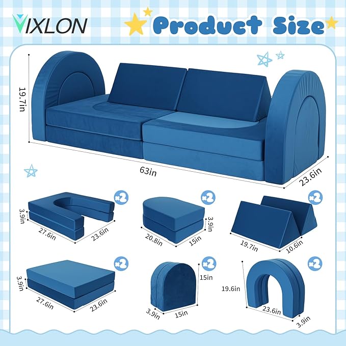 12 Pcs Modular Kids Play Couch, Toddler Couches That Fold Out, Plush Foam Chair for Children’s Playroom, Velvet Fabric Convertible Foam and Floor Cushion for Boys and Girls (Blue,07)