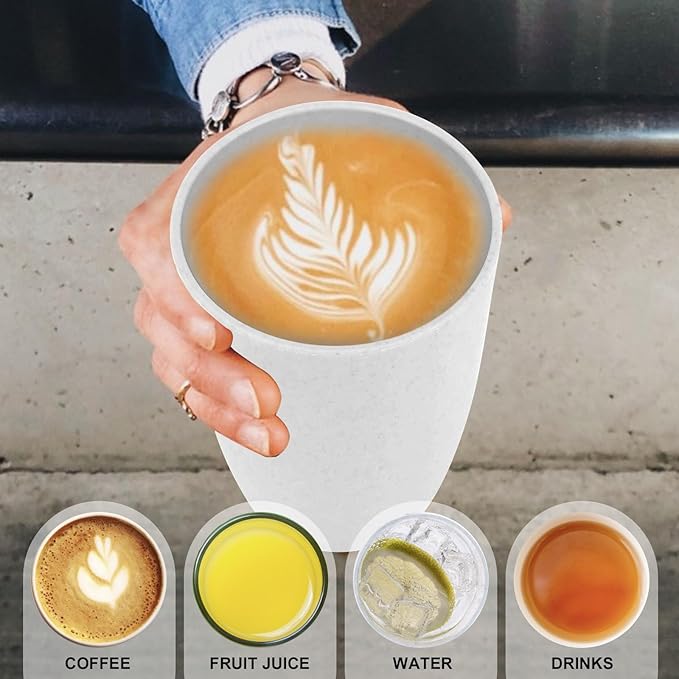 Wheat Straw Cups 6 Set of 6 Good Alternative to Plastic Reusable Cups 20 oz Unbreakable Drinking Cup Reusable Dishwasher Safe Water Plastic Glasses - White