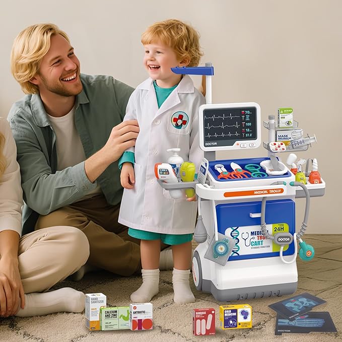 Doctor Kit for Kids Pretend Medical Station Set for Boys & Girls Mobile Cart with Kids Play Set for Ages 3 and Up Children Role Play Educational Toys (Blue)