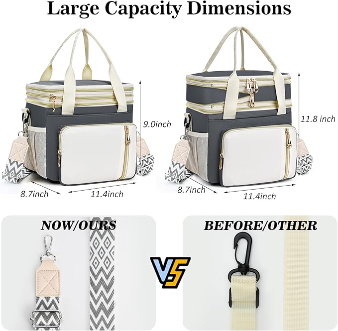 LOKASS Lunch Bag& Lunch Box for Men Women Double Deck,Large Insulated Adult Lunch Box Leakproof Lunchbox Cooler Bag for Work Picnic Beach,（Gray&White）