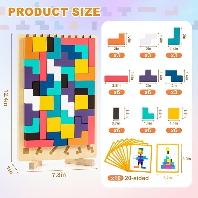 Wooden Montessori Russian Blocks Puzzle – 3D Stacking Toy for 3-6 Year Olds Toddlers Educational Gift & Brain Teaser for Critical Thinking Montessori Brain Blocks for Boys & Girls (Classic)