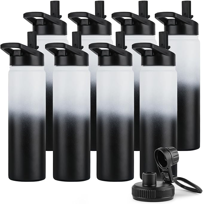 DOMICARE Insulated Water Bottle, 22 oz Vacuum Insulated Stainless Steel Reusable Sports Bottle with Straw Lid & Spout Lid for Travel, Camping, Bike, Leakproof, Black/White, 8 Pack