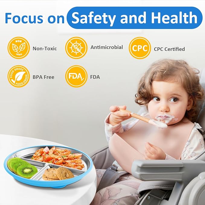 Stainless Steel Suction Plates for Toddlers, 9" Divided Kids Baby Plates with Removable Silicone Suction, Non Toxic Non Slip Portion Control Snack Dishes 3 Packs, Bright Orange/Blue/Green
