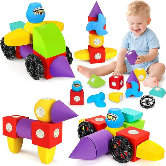 15 PCS Magnetic Foam Blocks, STEM Preschool Toys for Children, Magnetic Building Blocks for Toddlers, Kids Bath Toys and Montessori Sensory Toys, Birthday for Boys & Girls Age 3 4 5 6+