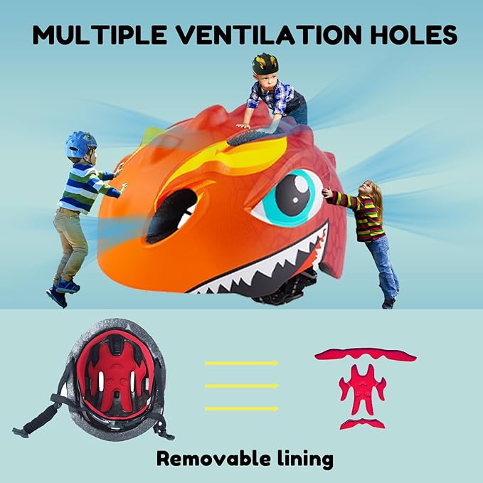 Toddler Helmet Kids Bike Helmet for 2 3 4 5 6 7 8 Years Old Girls with 3D Dinosaur Design Protective Gear Set and Safety Certified, Toddler Bike Cycling Skating Skateboard Scooter Helmet