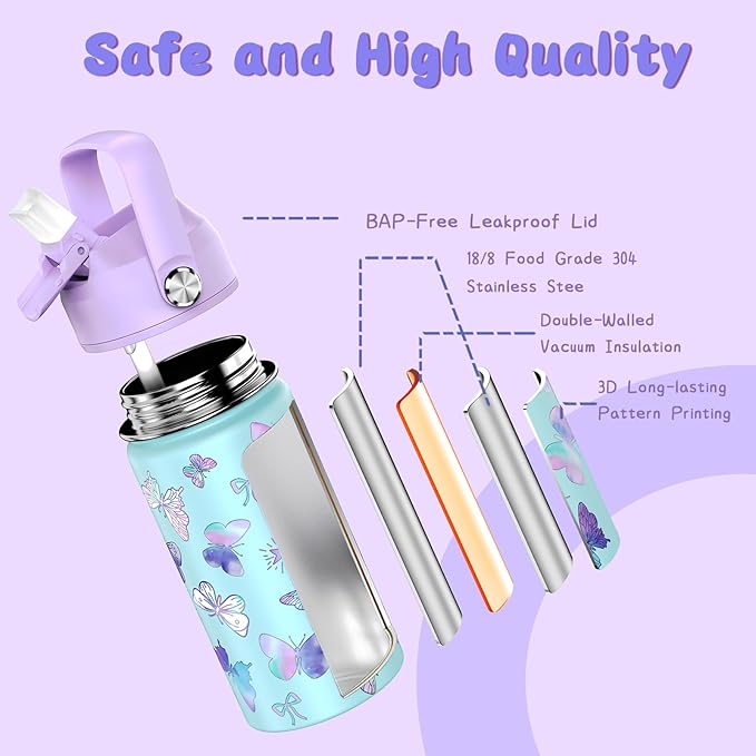 14oz Kids Insulated Water Bottle with Straw Lid - 18/8 Stainless Steel Kid Cup Travel Tumbler Double Wall Vacuum Leak Proof Portable Toddler Water Bottle(Butterfly）