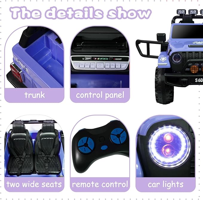 OTTARO 2 Seater Ride on Car Truck, 12V Large Electric car Vehicles 2 Seater Battery Powered Cars for Kids with Remote Control, Spring Suspension, LED Lights, Music (Blue)