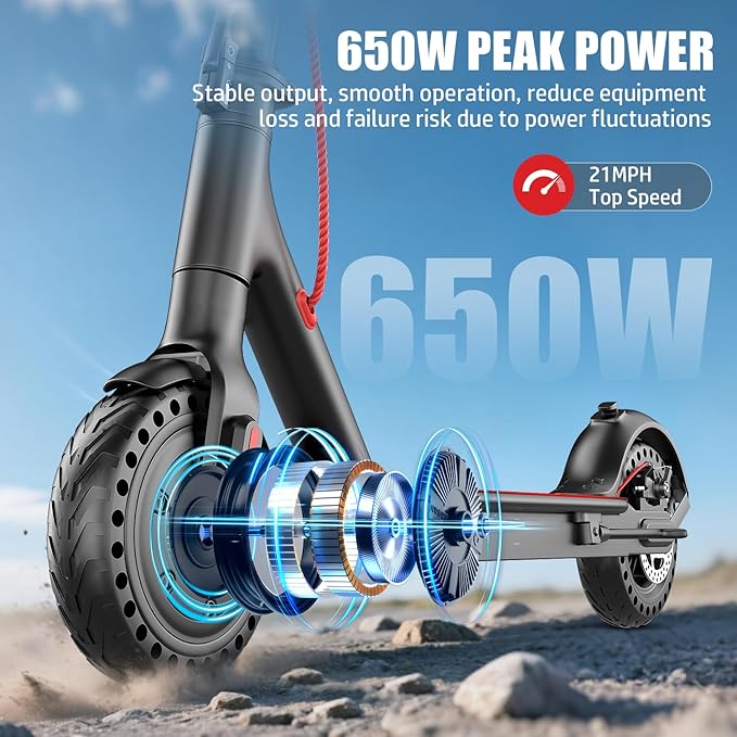 Electric Scooter for Adults, 650W Peak Powerful Motor, Top Speed 21MPH, 23 Miles Long Range, Foldable E Scooter for Adults, 8.5" Solid Tires Commuting Kick Scooter with APP Control, Dual Braking