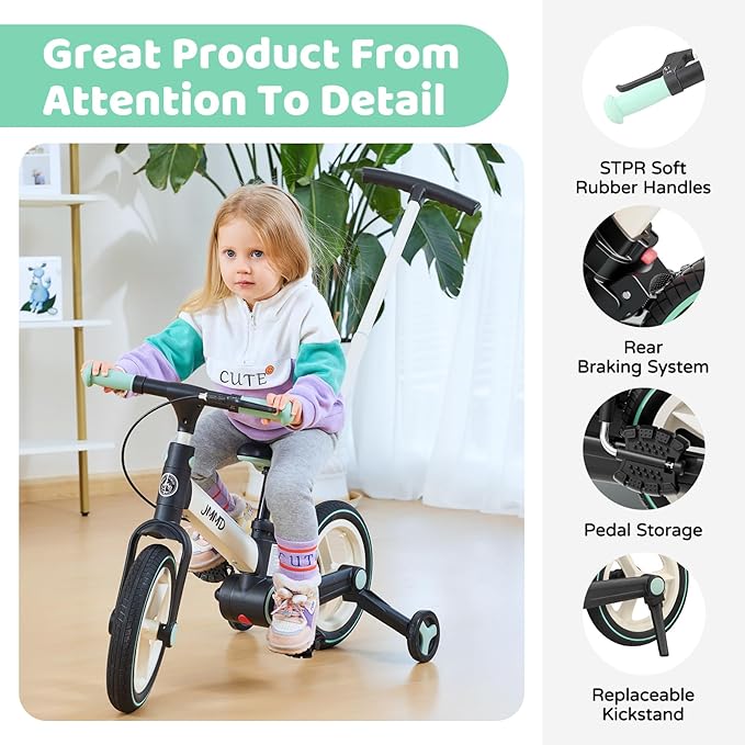 JMMD Toddler Bike with Push Handle for Kids 18-60 Months, 6 in 1 Foldable Push Bike with Training Wheels, Pedals, Brakes, Kickstand, Kid Balance Bike Gift & Toys for Boy & Girl