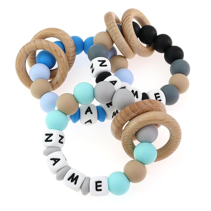 Personalized Baby Rattle Teether with Name, Customized Grasping Activity Shaker Grab Rattles, Early Educational Toys with Wood Teething Rings for Newborn Infant Toddler (Turquoise)