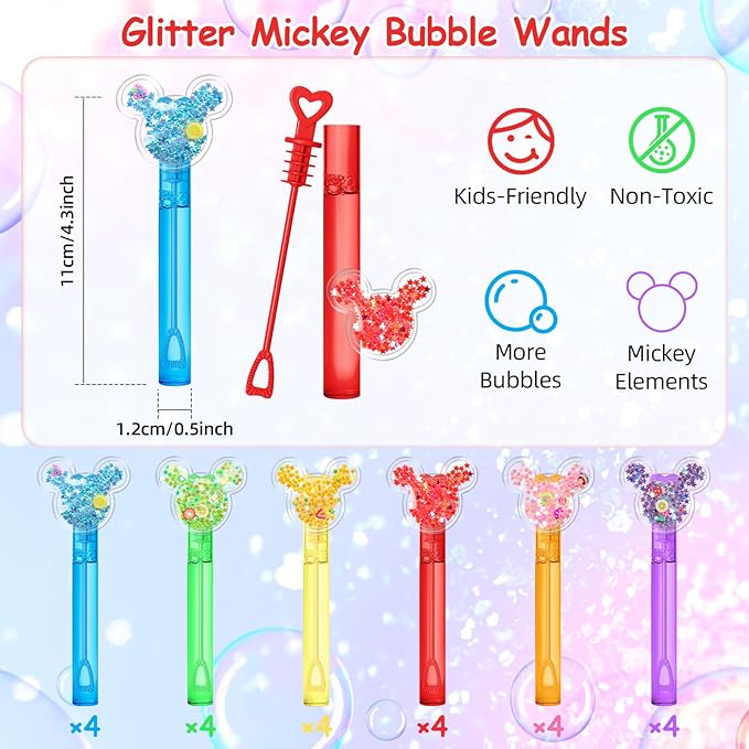 AFZMON 24 Glitter Mouse Ear Bubble Wands for Kids, Mouse Party Favors Mini Bubbles Birthday Gift Toy Goodie Bag Stuffers Classroom Prizes Wedding Party Supplies